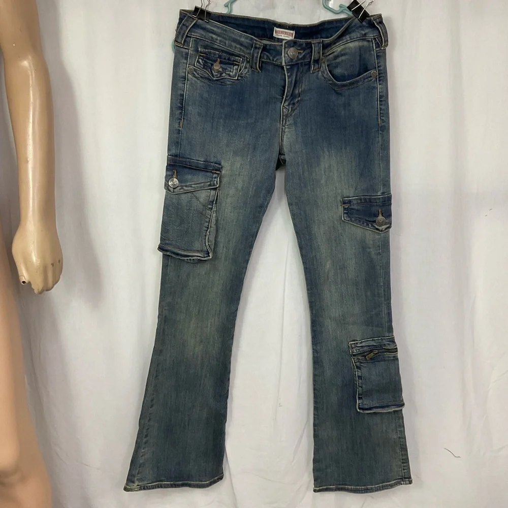 True Religion Medium Vintage Becca Low Rise Cargo Bootcut Denim Jeans Size 29 - Picture 2 of 13